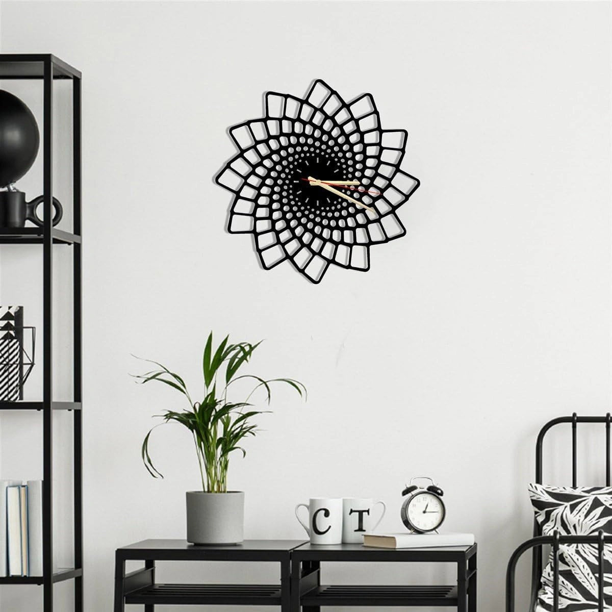 Modern Black Spiral Geometric Wall Clock - 35cm Optical Illusion Design