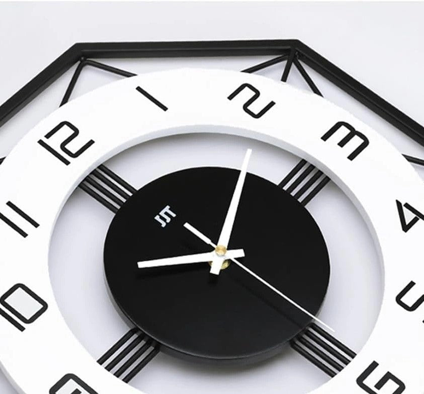 Modern Black & White Octagon Wall Clock - 35cm Geometric Design