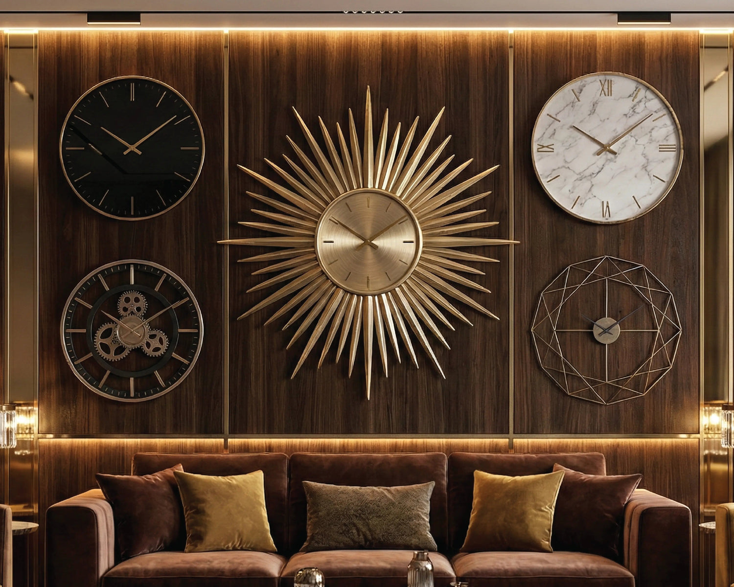 Decorative wall with various clocks in a stylish interior setting