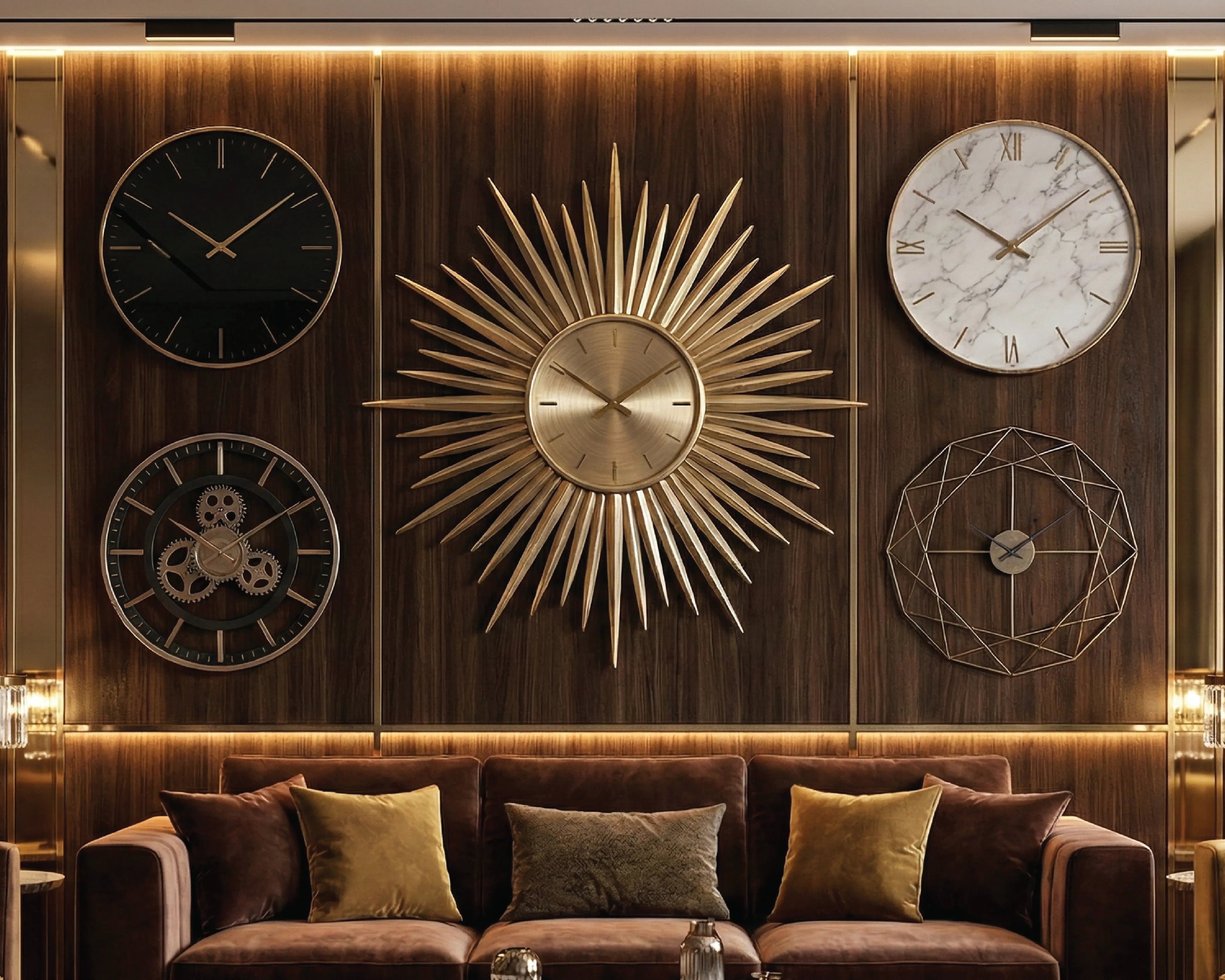 Decorative wall with various clocks in a stylish interior setting